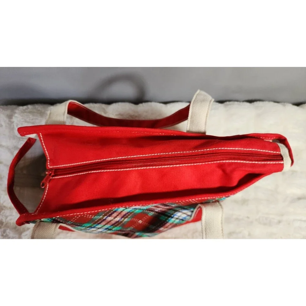Lands’ End Zip-Top Red/Green Plaid Canvas Dog Tote Carrier Bag 100% Cotton